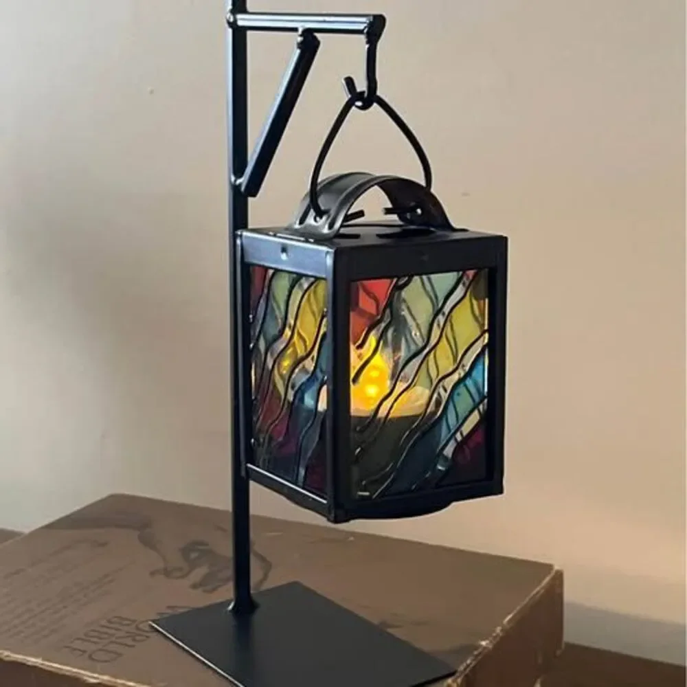 Set of 2 Stained Glass Style Hanging Lanterns with Black Metal Stands